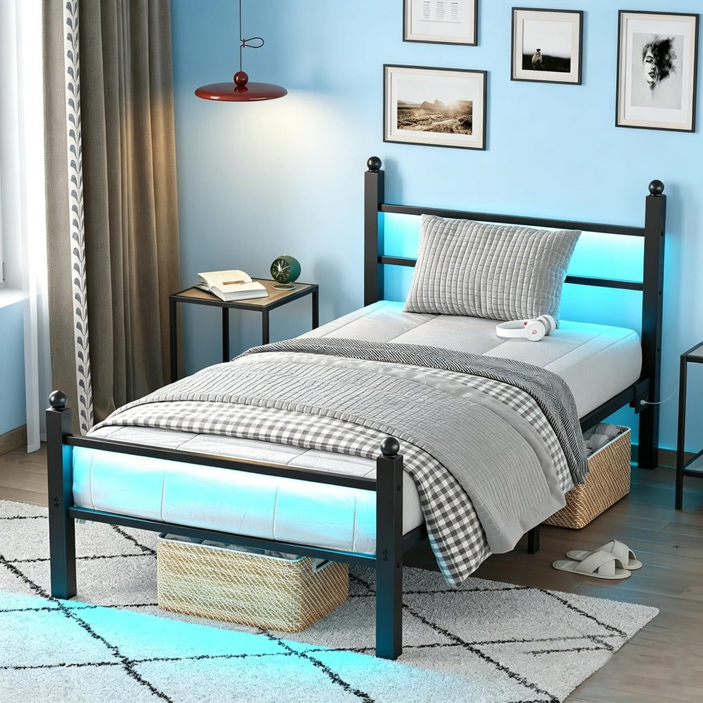 Black Twin Bed Frame with LED Lights and Charging Station Y6000