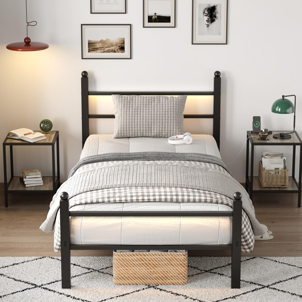 Black Twin Bed Frame with LED Lights and Charging Station Y6000