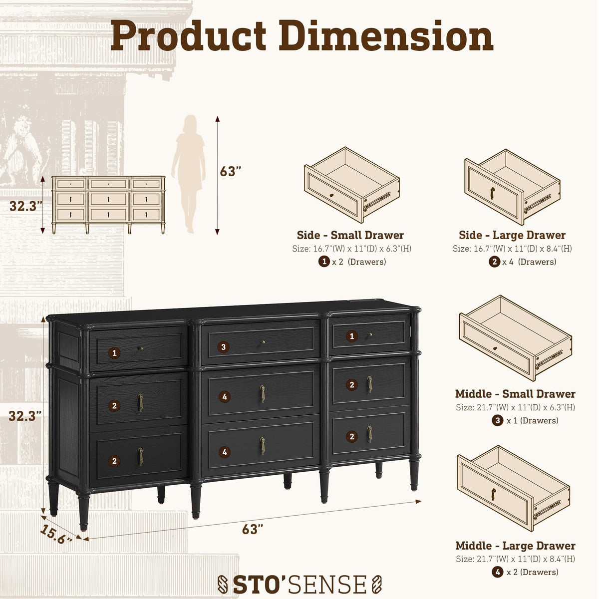 63" 9-Drawer Wood Dresser with Power Outlet, Black A246
