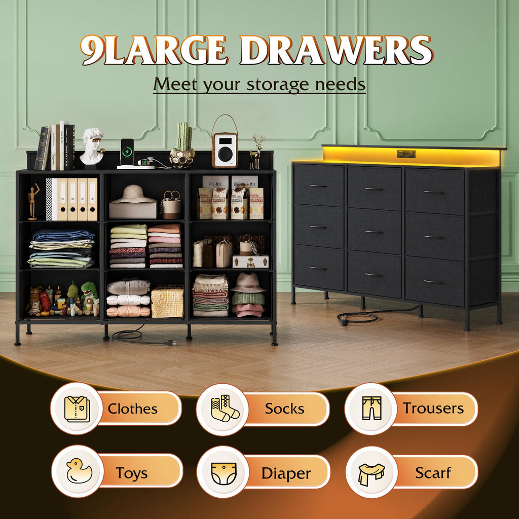 Black 9 Drawer Fabric Dresser H228