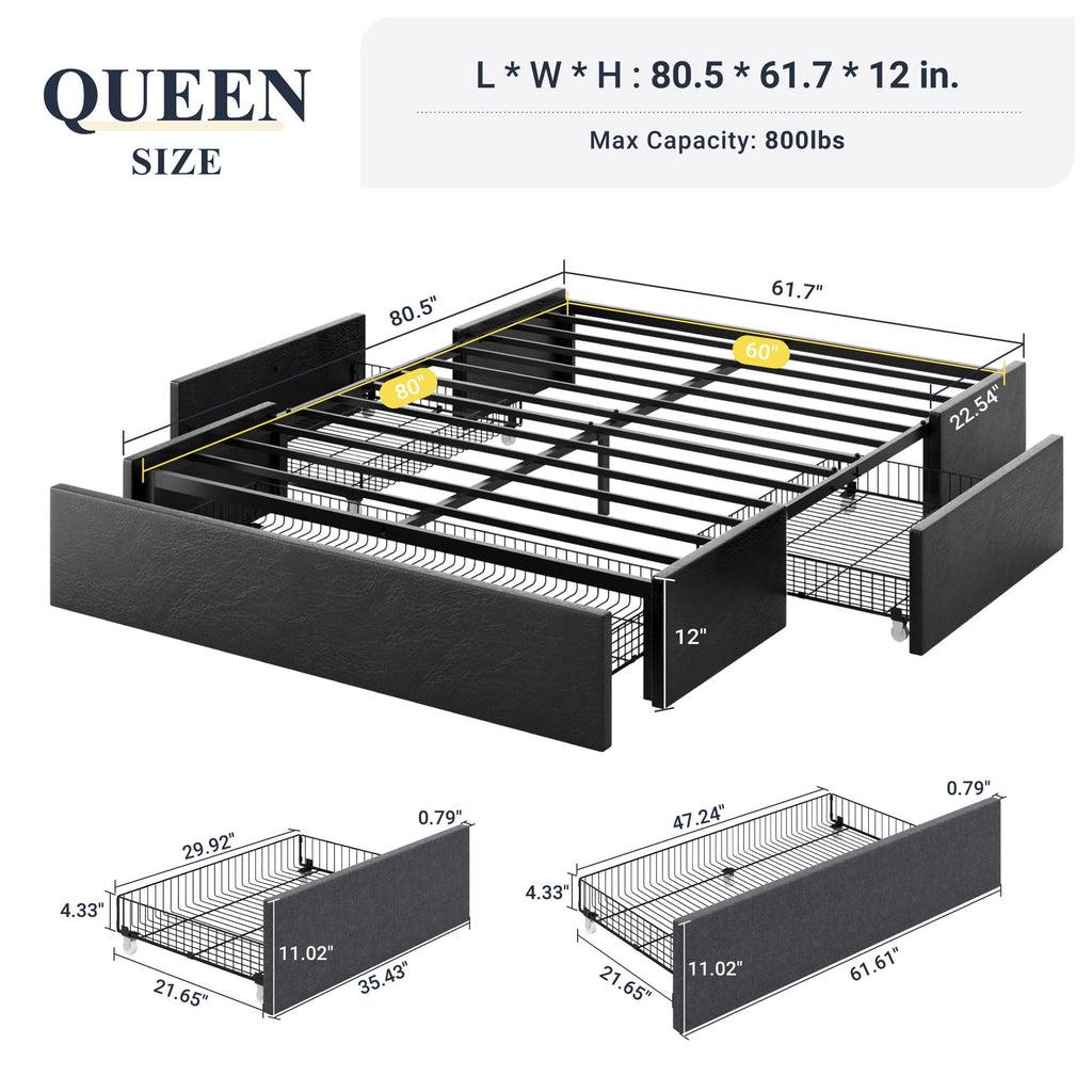 Queen Size Platform Storage Bed Frame with 3 Drawers, Black Y991