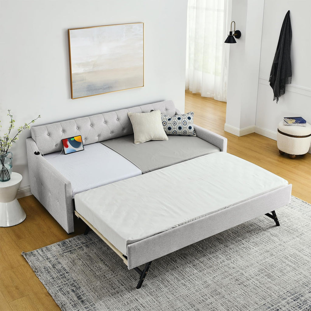 Twin Linen Upholstered Wood Daybed with Pop Up Trundle H20859