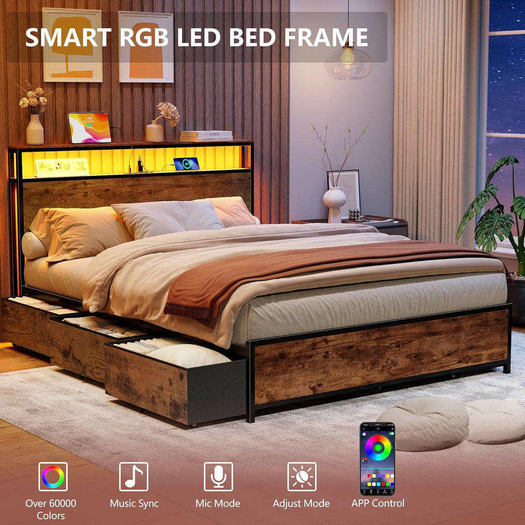 Queen Bed Frame with Storage Headboard & 6 Drawers T763809
