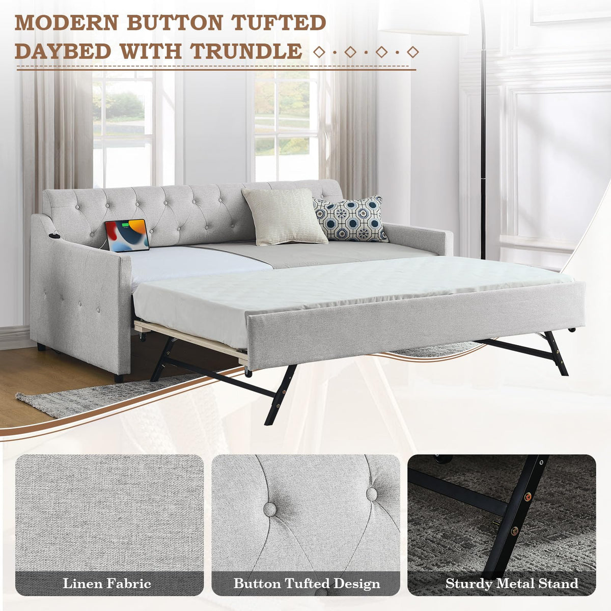 Twin Linen Upholstered Wood Daybed with Pop Up Trundle H20859