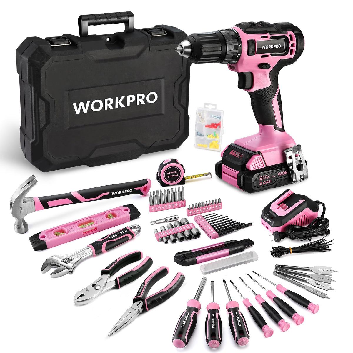 Pink Cordless Drill and 141-Piece Home Tool Kit T32314