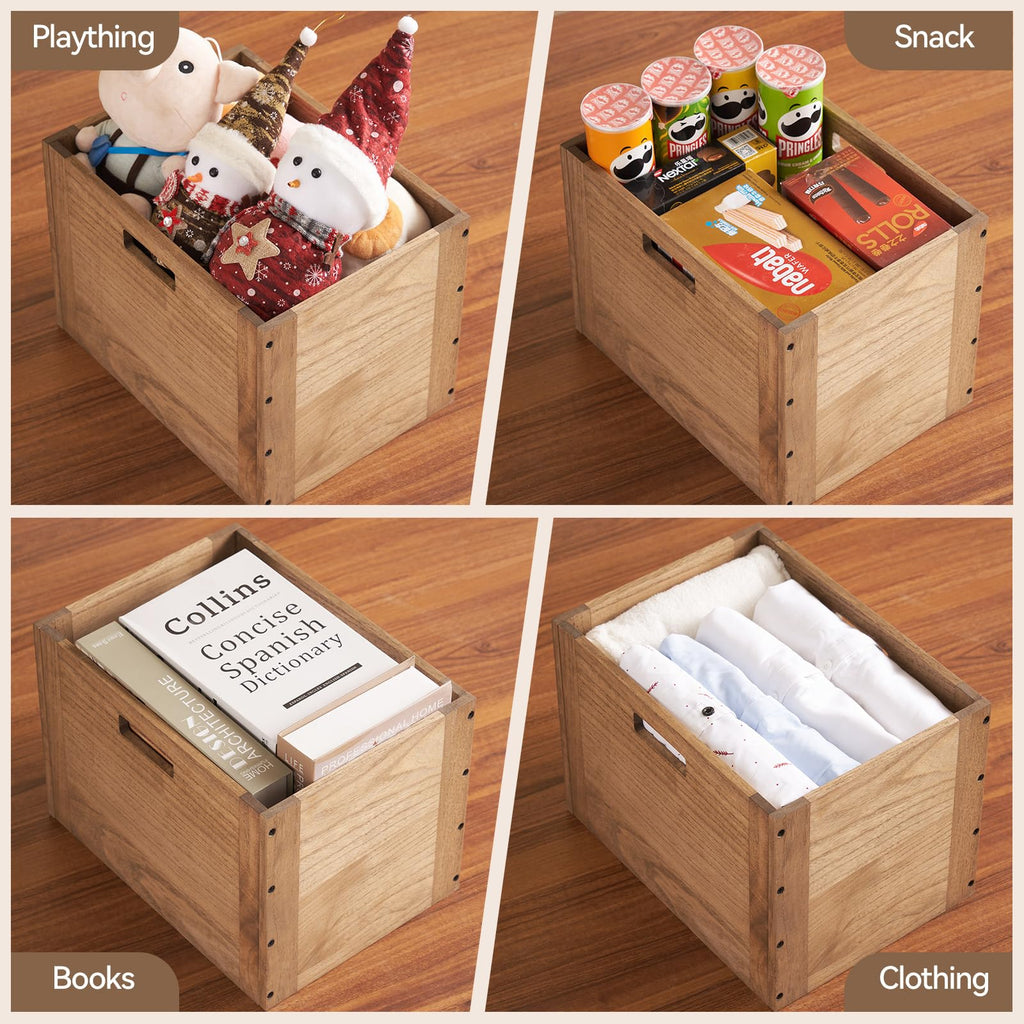 Brown Stackable Wood Storage Cube with Handles Q371