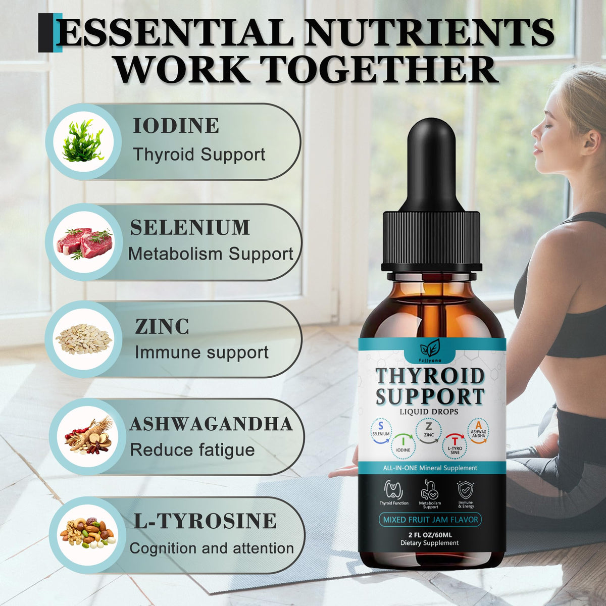Liquid Thyroid Support Drops with Selenium Zinc Iodine L-Tyrosine Ashwagandha R447747