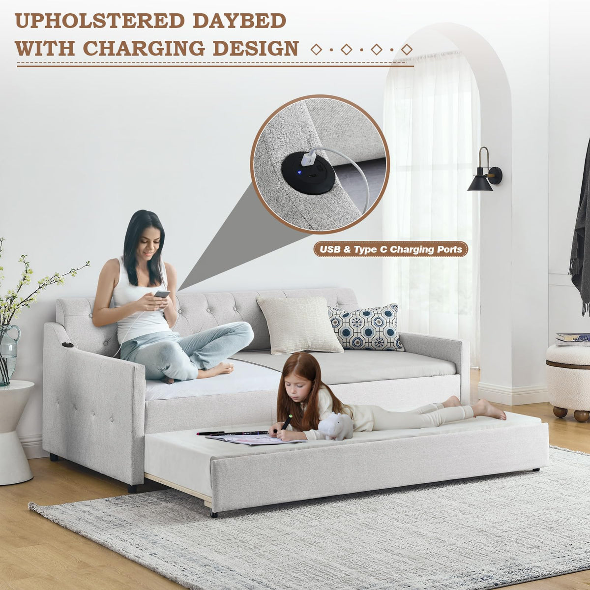 Twin Linen Upholstered Wood Daybed with Pop Up Trundle H20859