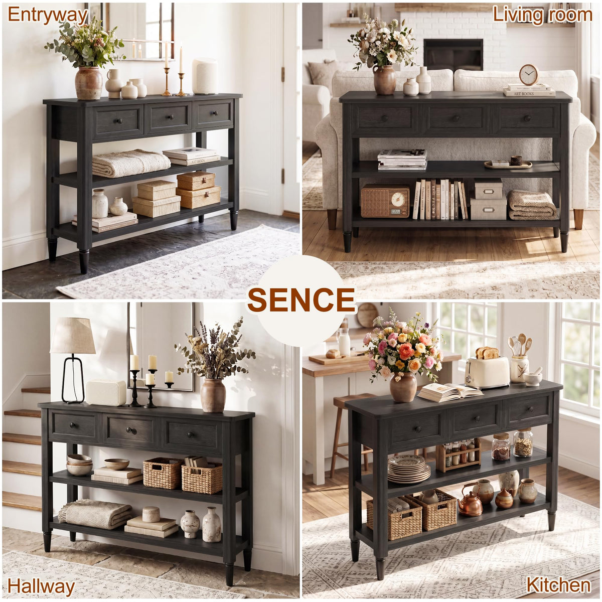 43" Narrow Farmhouse Console Table with 3 Drawers and 2 Shelves H2516