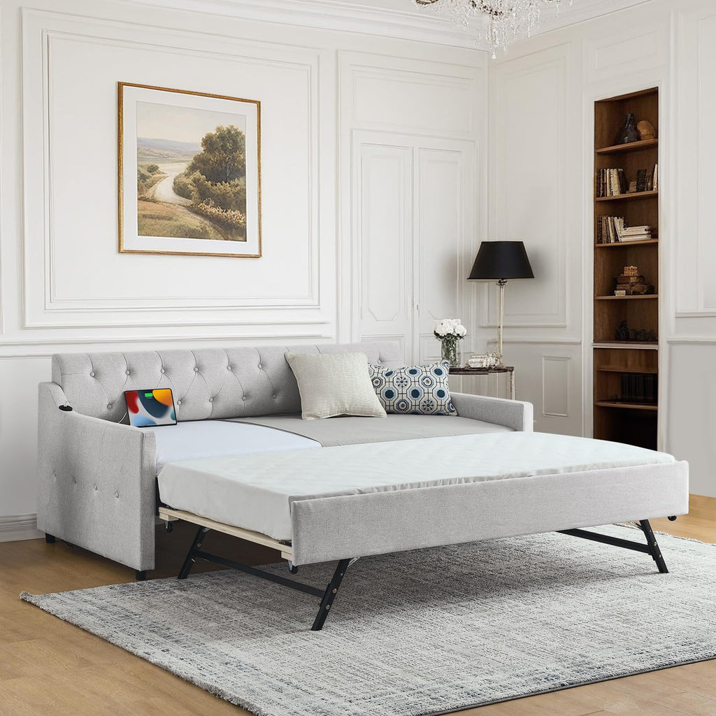 Twin Linen Upholstered Wood Daybed with Pop Up Trundle H20859