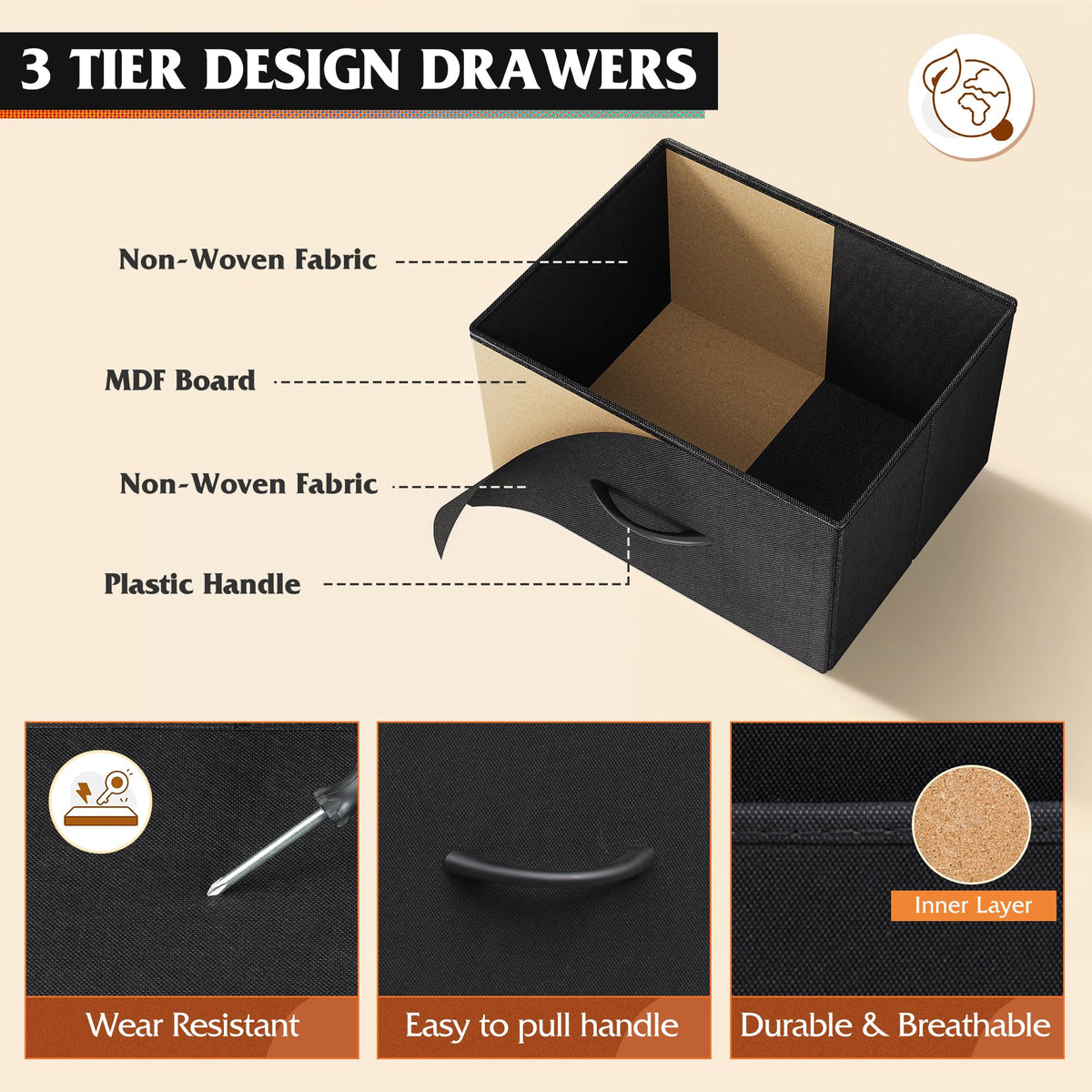 Black 9 Drawer Fabric Dresser H228