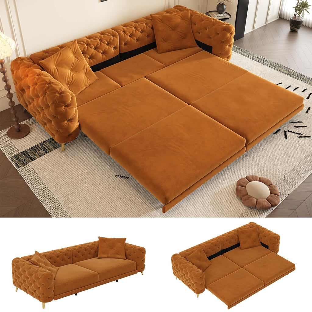 Orange Convertible Pull Out Sofa Bed Velvet Sleeper Sofa E2061