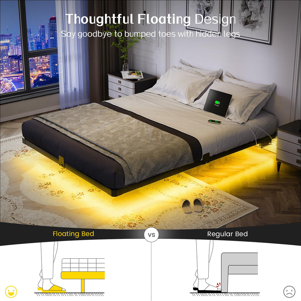 Full Size Metal Floating Bed Frame with LED Light & Charging Station F3717