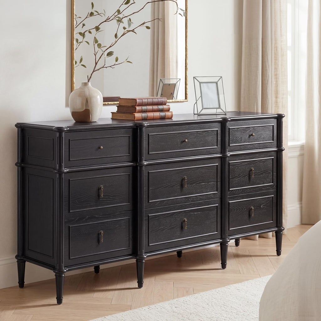 63" 9-Drawer Wood Dresser with Power Outlet, Black A246