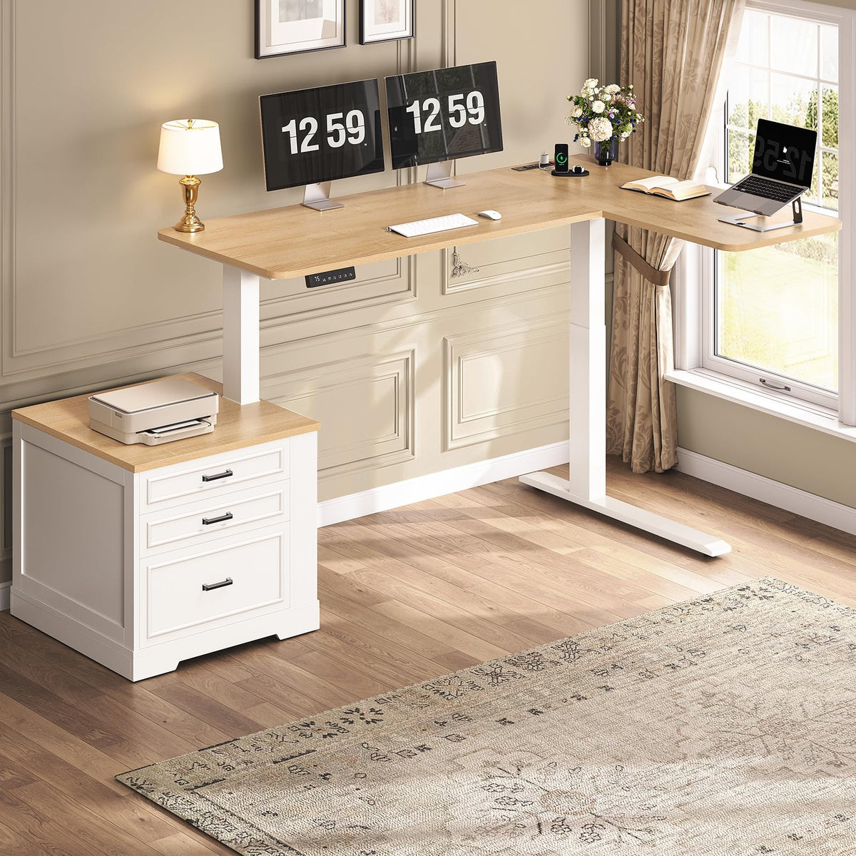 L Shaped Height Adjustable Standing Desk with 3 Drawers R5546