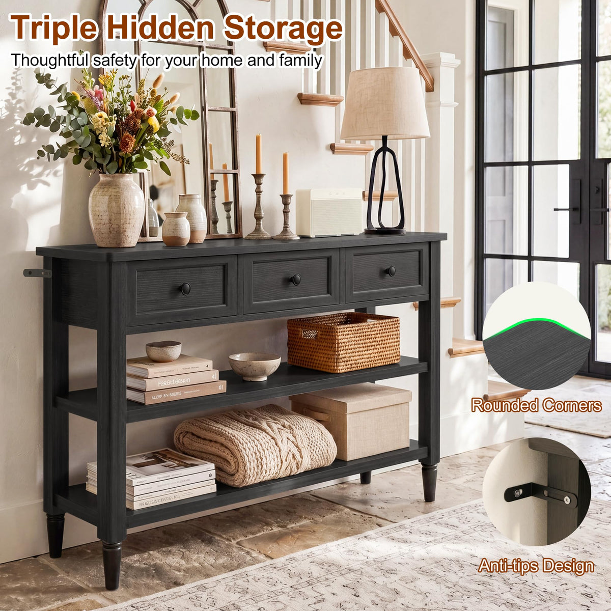 43" Narrow Farmhouse Console Table with 3 Drawers and 2 Shelves H2516