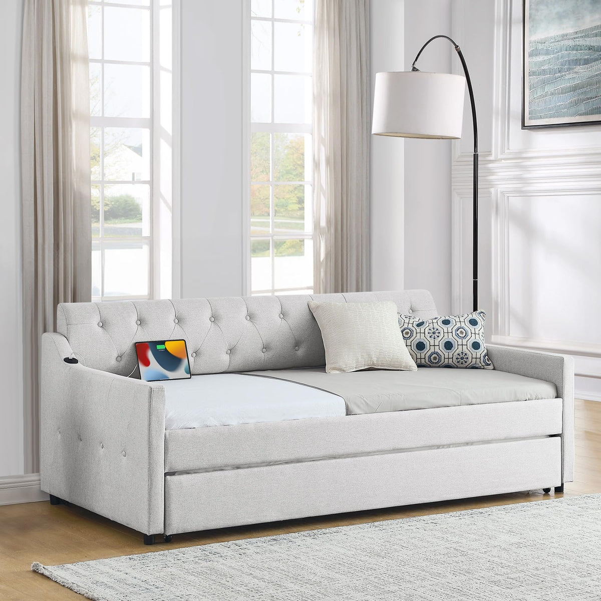 Twin Linen Upholstered Wood Daybed with Pop Up Trundle H20859