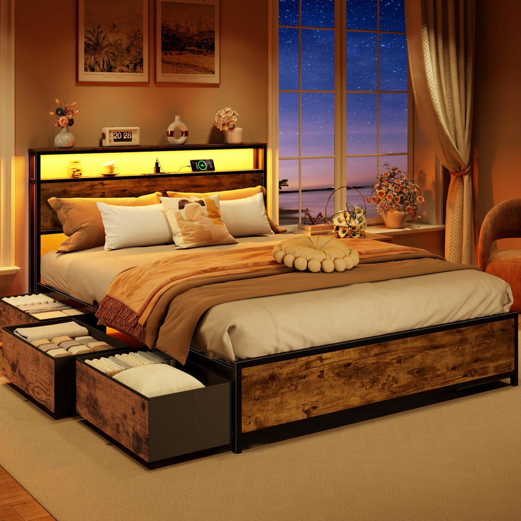Queen Bed Frame with Storage Headboard & 6 Drawers T763809