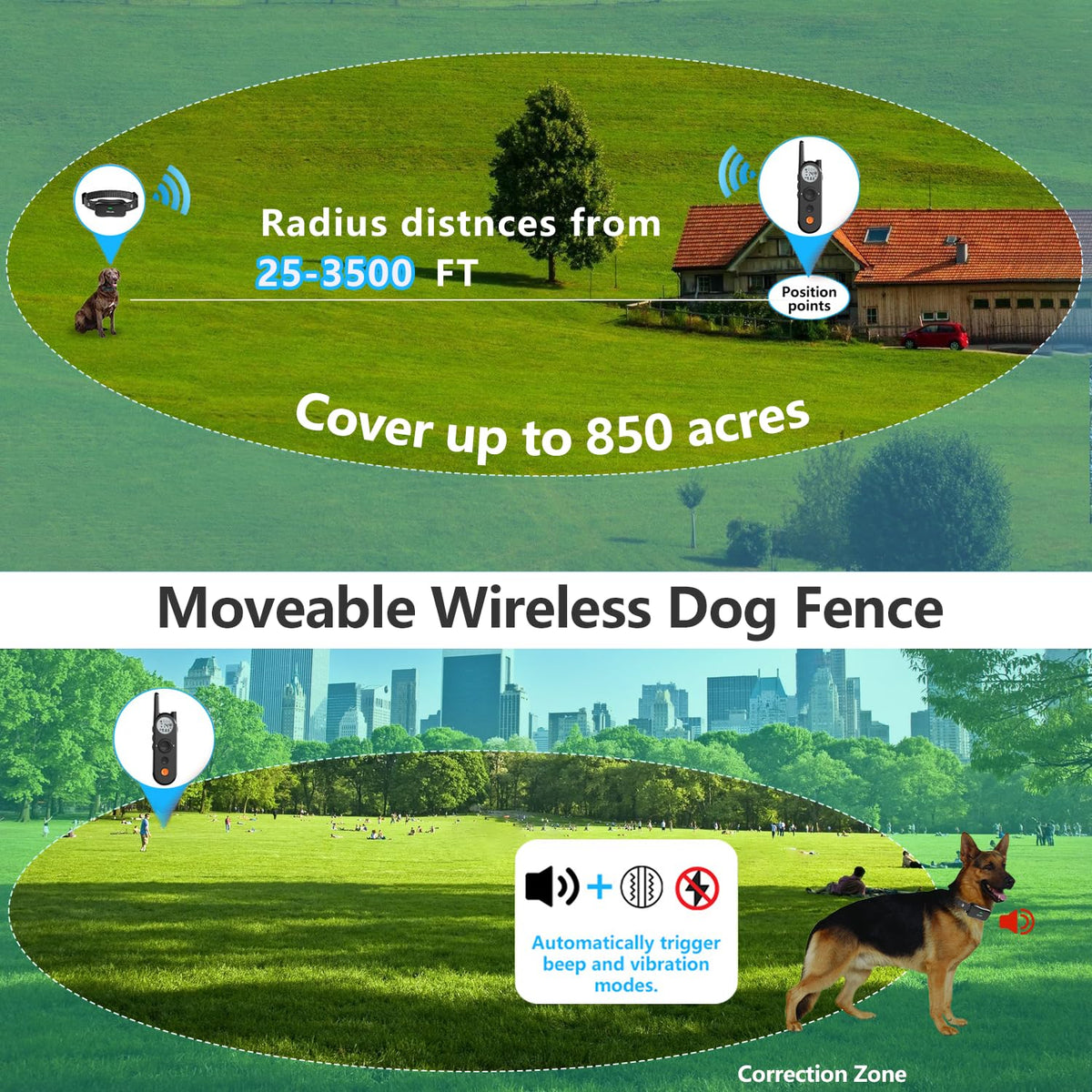 Wireless Dog Fence and Remote Training Collar, IPX7 Waterproof, 185 Days Rechargeable Battery C64739