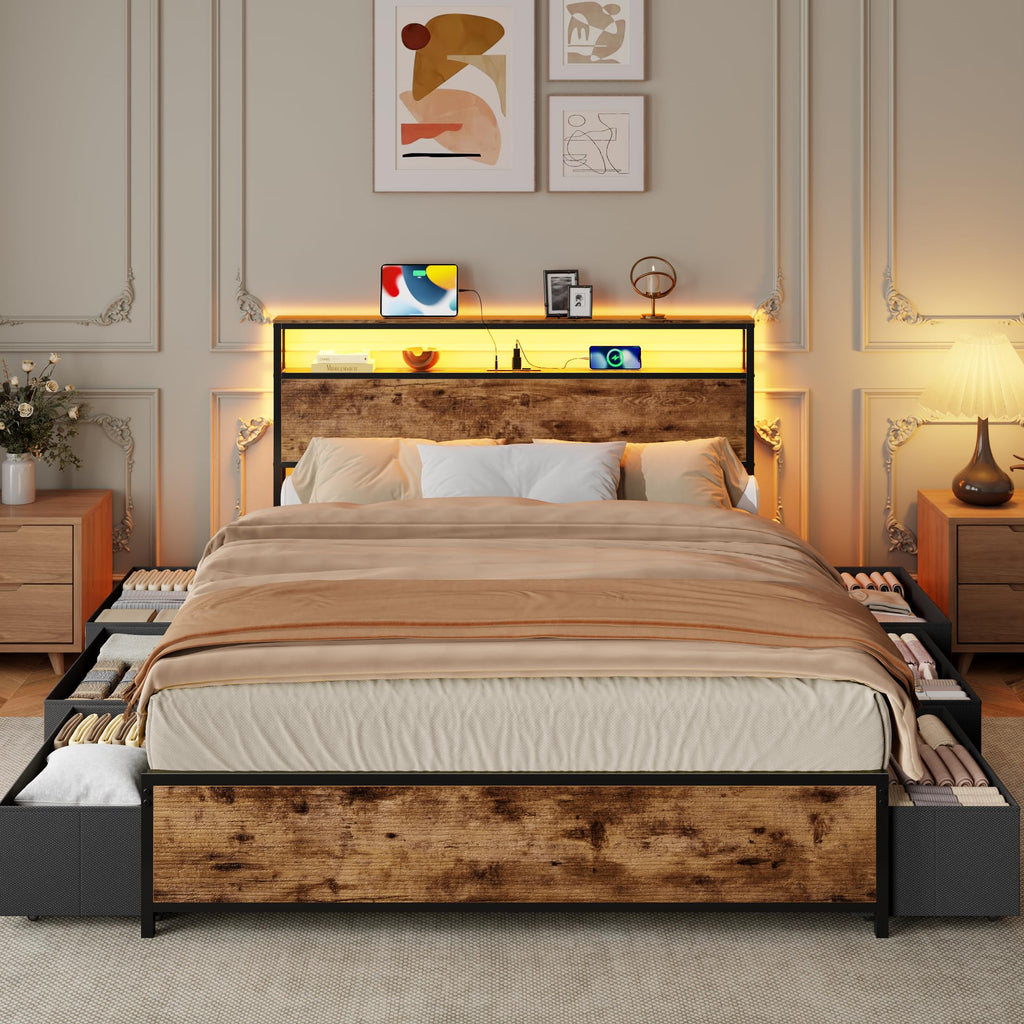 Queen Bed Frame with Storage Headboard & 6 Drawers T763809