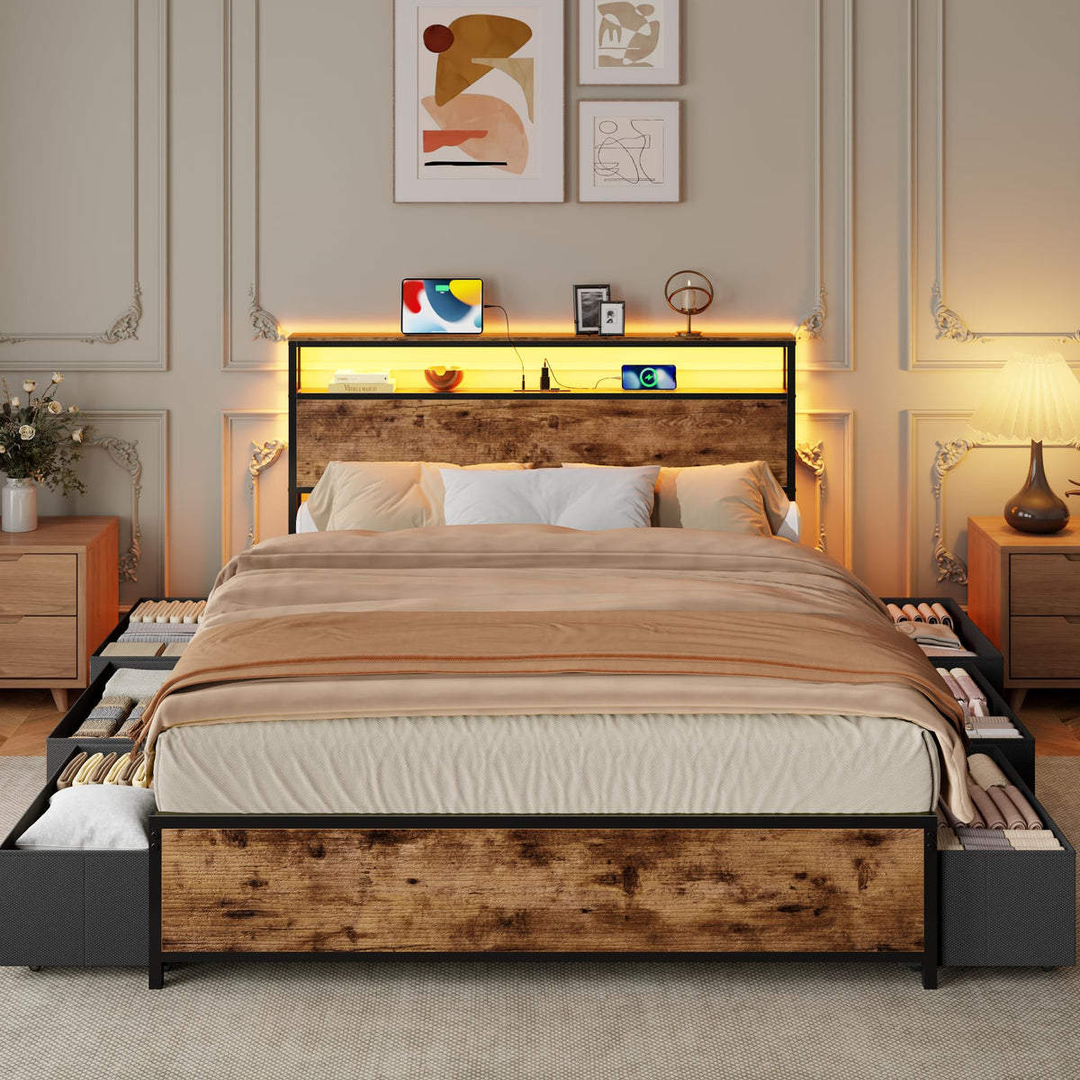 Queen Bed Frame with Storage Headboard & 6 Drawers T763809