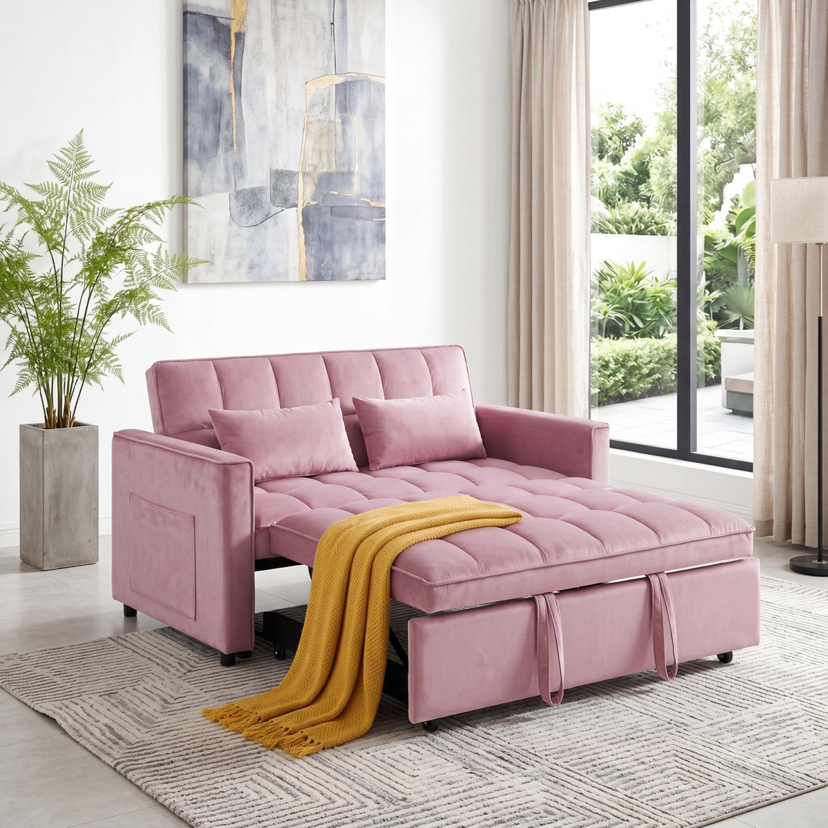 Pink Velvet Convertible Sleeper Sofa Bed V322878