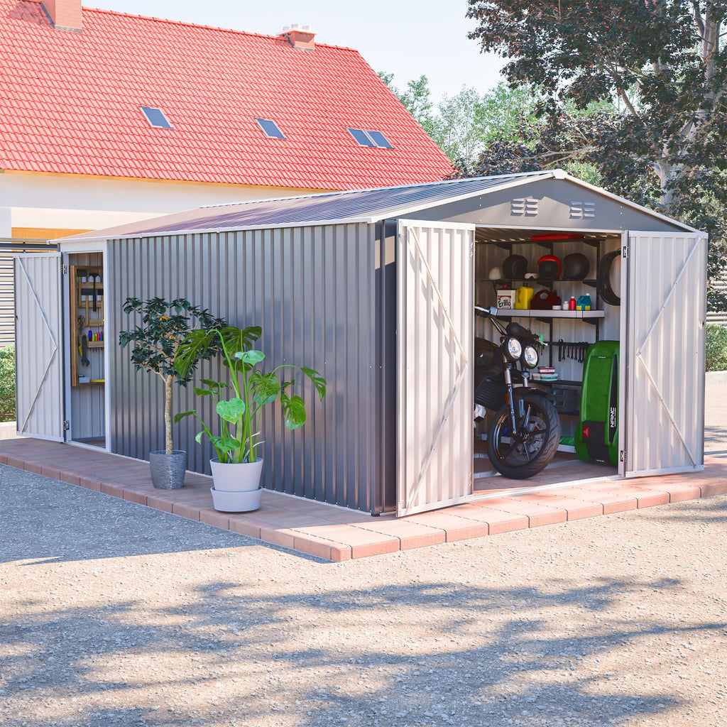 10x14 FT Waterproof Metal Storage Shed with 3 Lockable Doors F44035