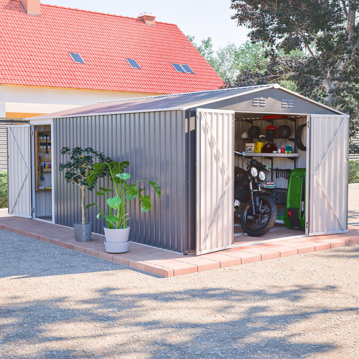 10x14 FT Waterproof Metal Storage Shed with 3 Lockable Doors F44035