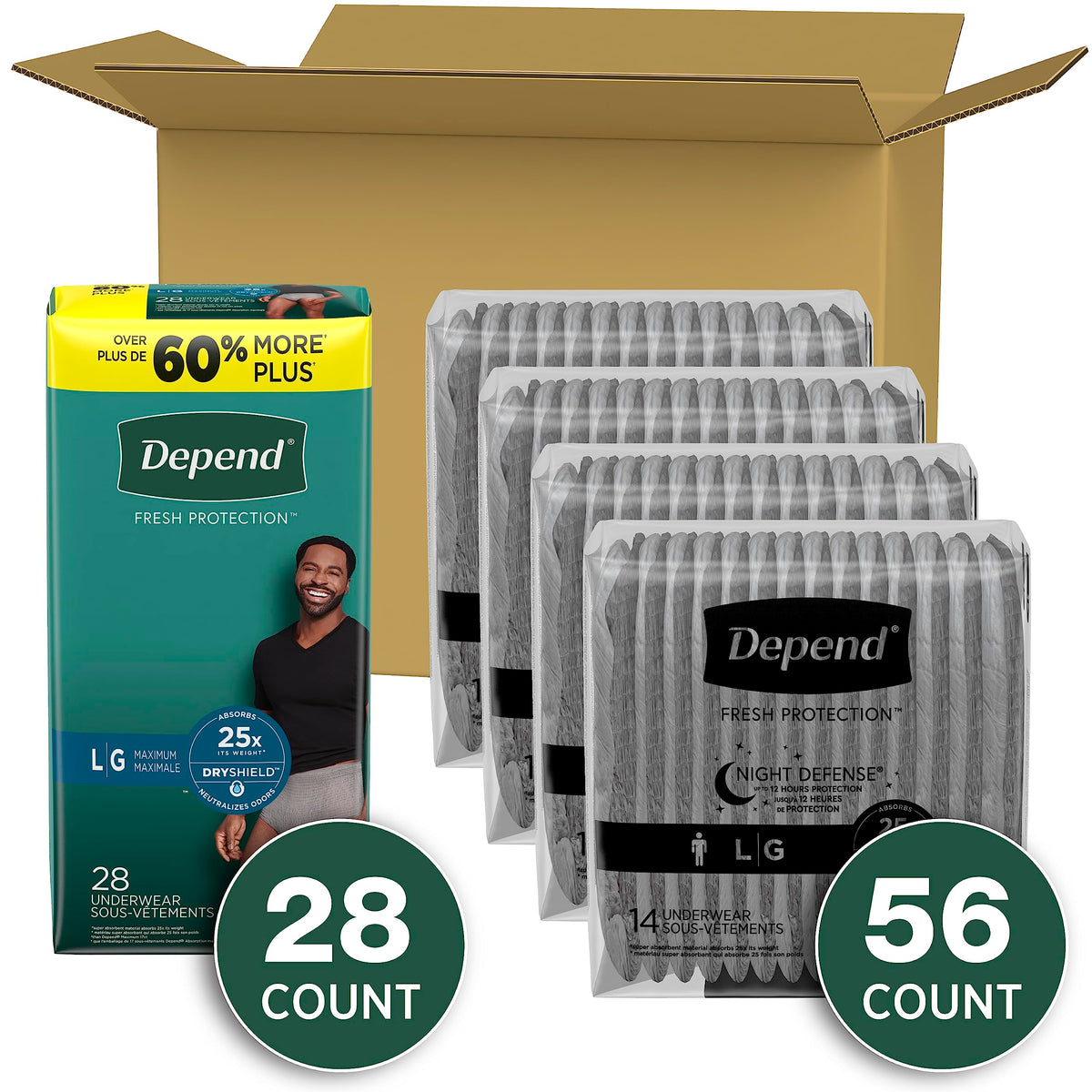 Adult Incontinence Underwear Bundle: Maximum Large Grey 28 Count and Overnight Large Grey 56 Count T539