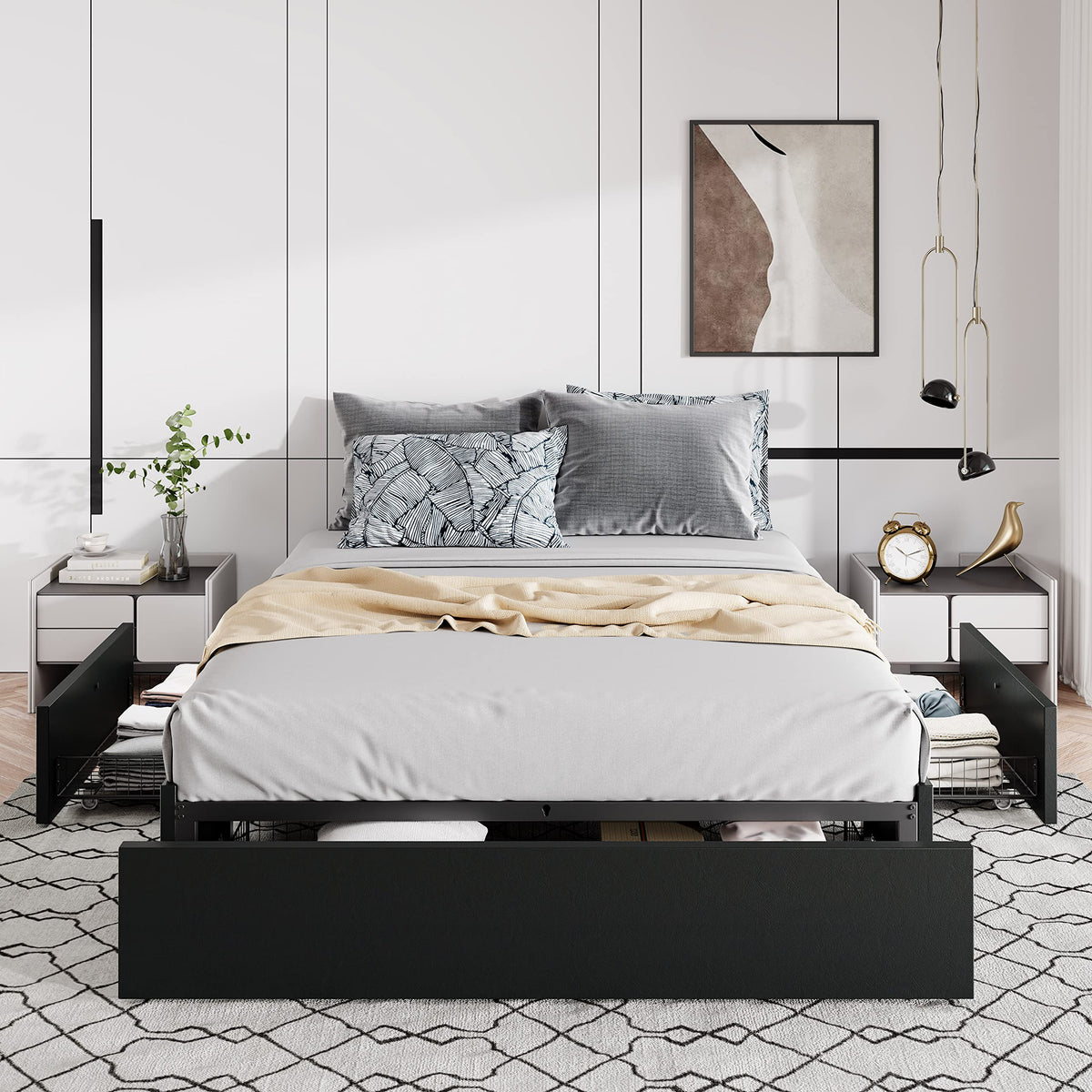 Queen Size Platform Storage Bed Frame with 3 Drawers, Black Y991