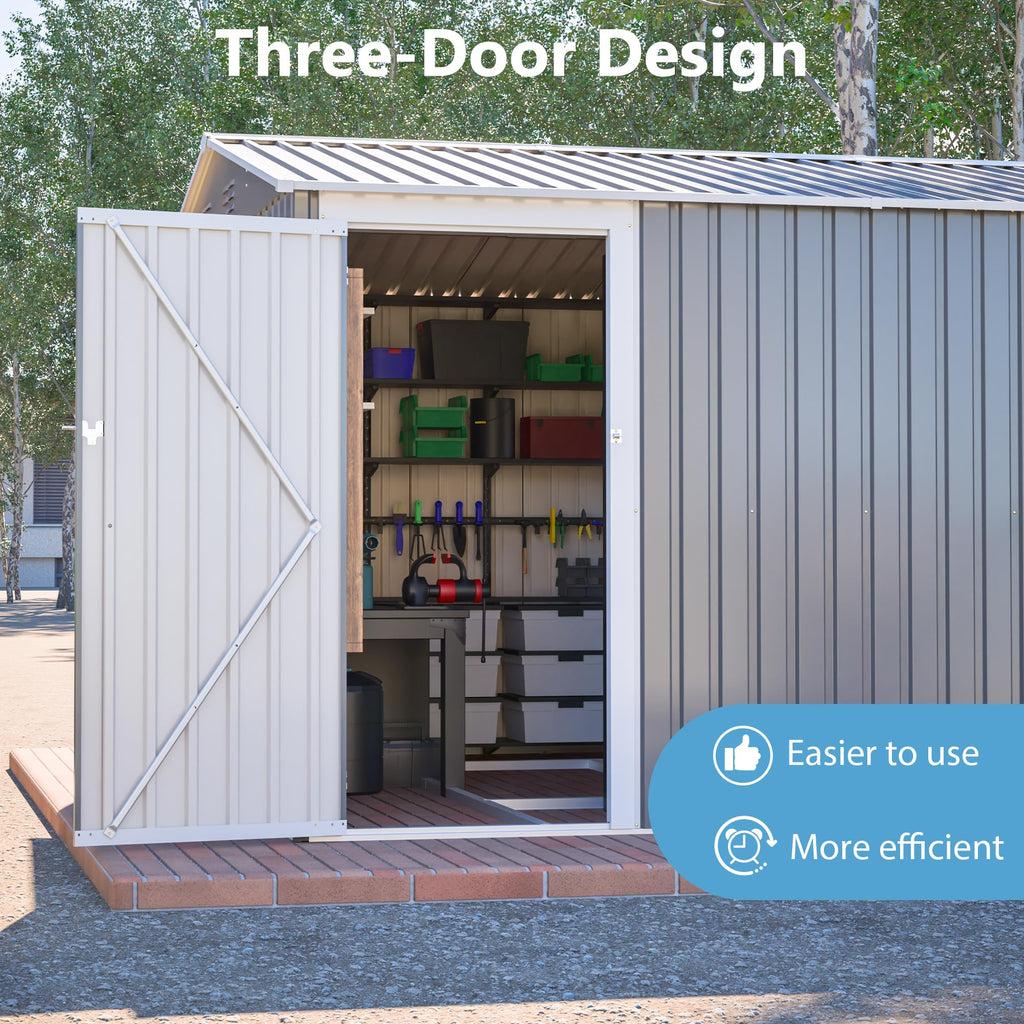 10x14 FT Waterproof Metal Storage Shed with 3 Lockable Doors F44035