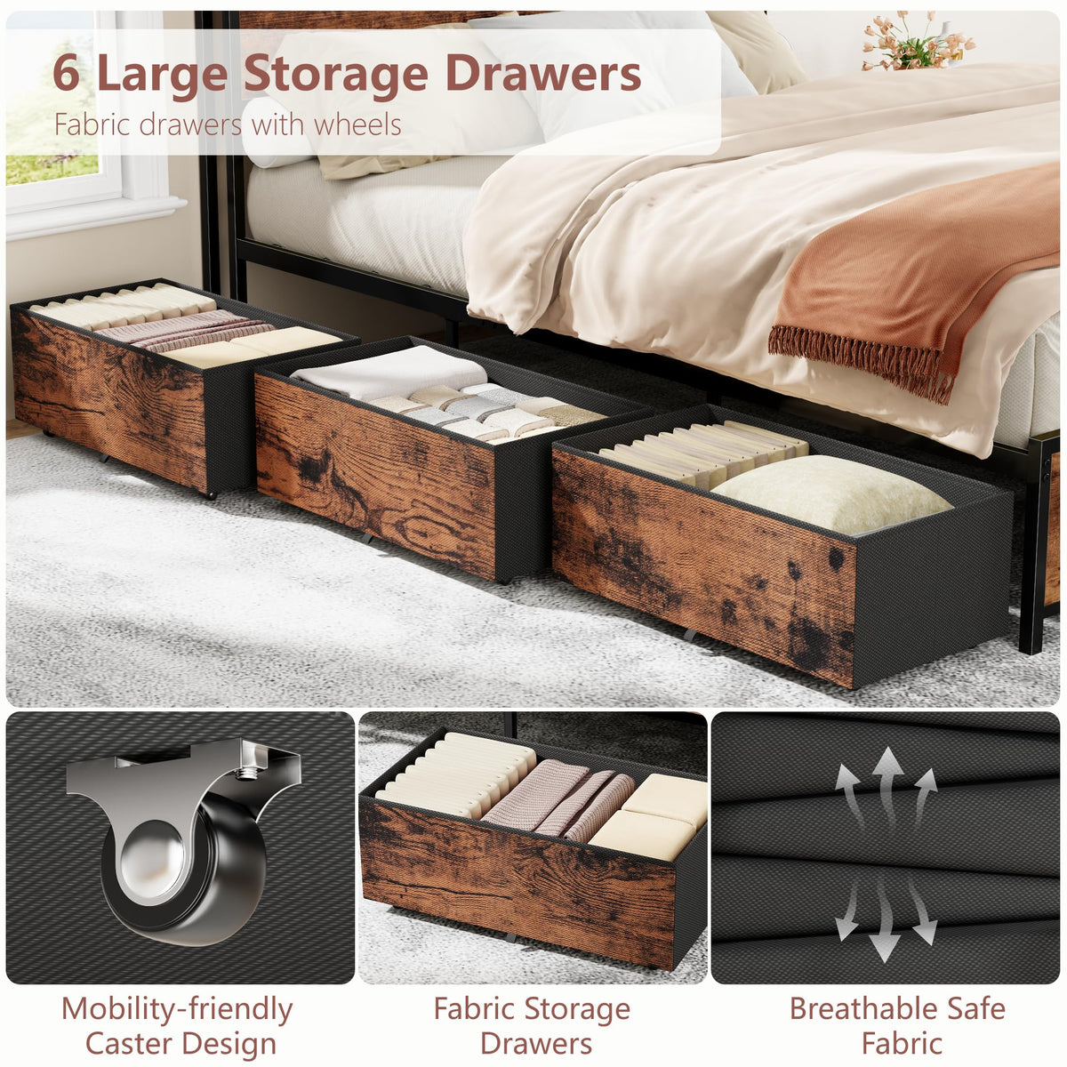 Queen Bed Frame with Storage Headboard & 6 Drawers T763809