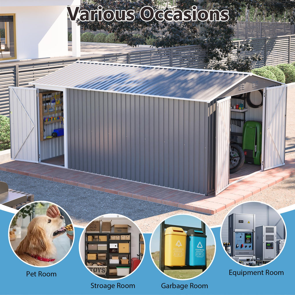 10x14 FT Waterproof Metal Storage Shed with 3 Lockable Doors F44035