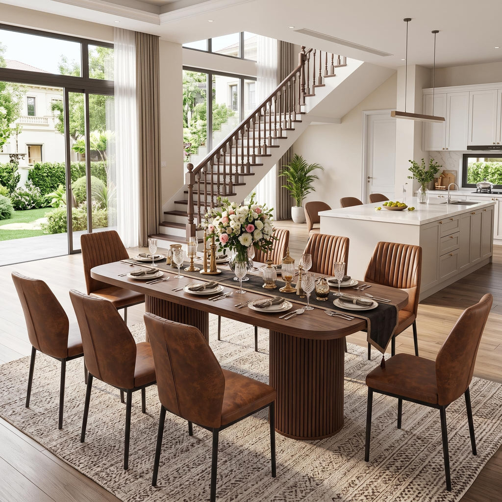 79" Rectangular Wood Dining Table Set for 8 with Cushioned Chairs F563544