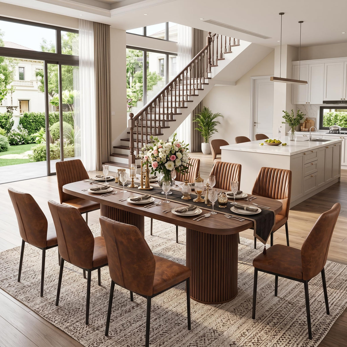 79" Rectangular Wood Dining Table Set for 8 with Cushioned Chairs F563544