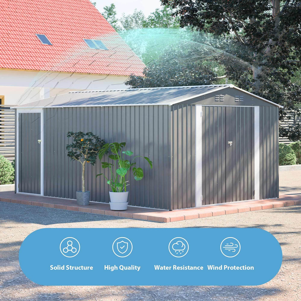 10x14 FT Waterproof Metal Storage Shed with 3 Lockable Doors F44035