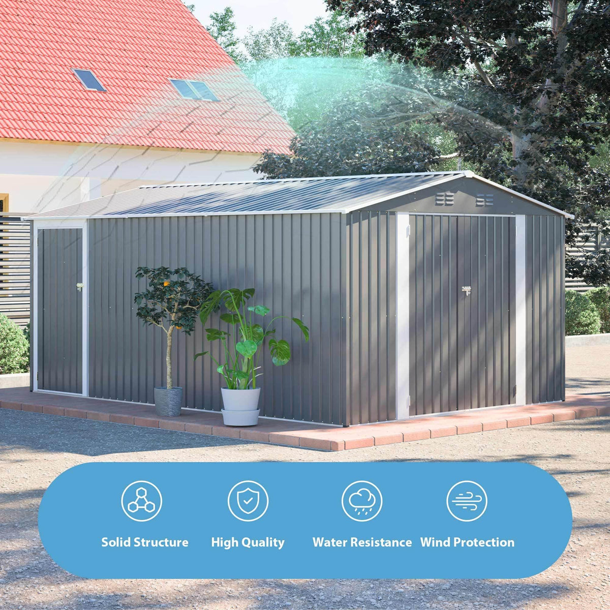 10x14 FT Waterproof Metal Storage Shed with 3 Lockable Doors F44035