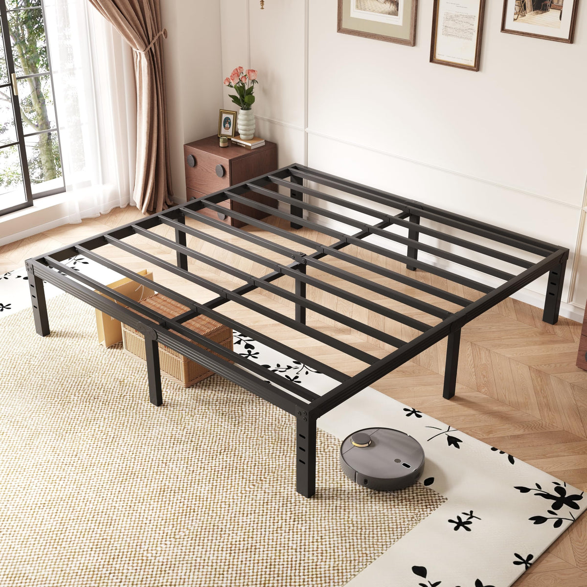 14 Inch Metal Queen Bed Frame with Storage, Black E62257