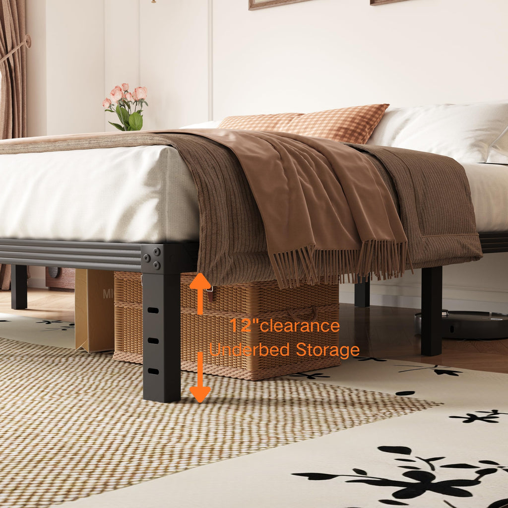14 Inch Metal Queen Bed Frame with Storage, Black E62257