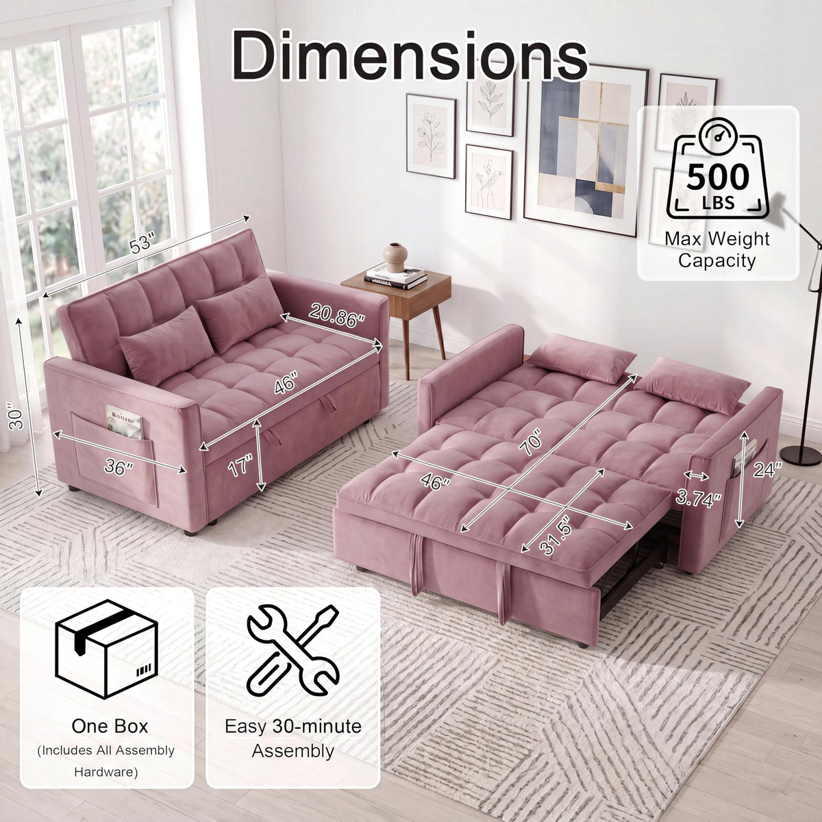 Pink Velvet Convertible Sleeper Sofa Bed V322878